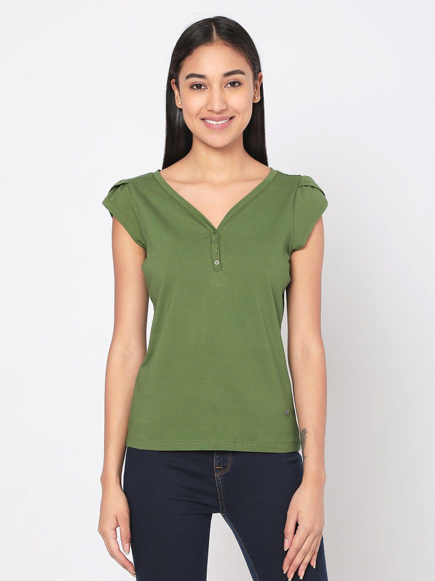 women olive green cotton slim fit v-neck top