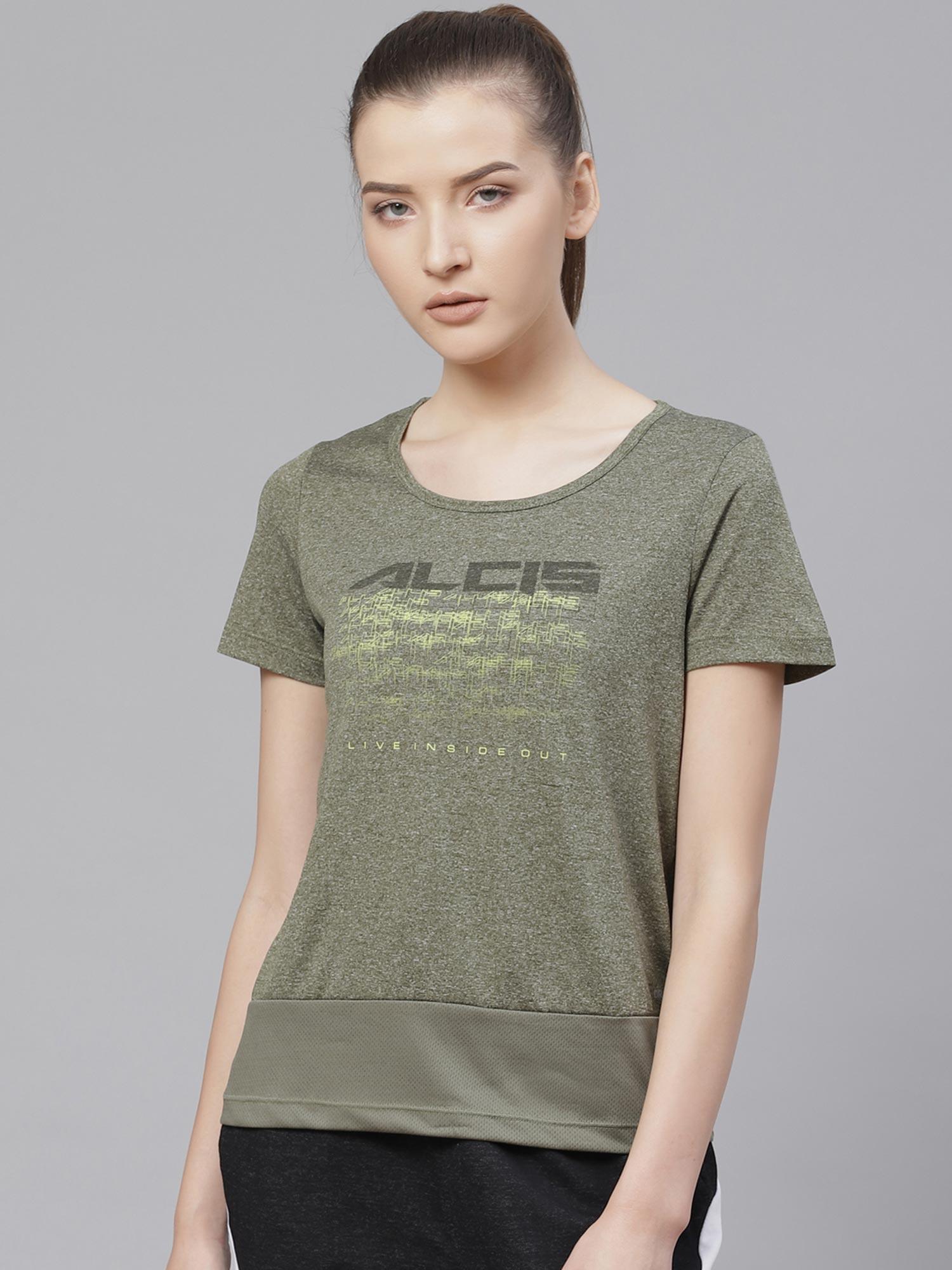 women olive green printed round neck t-shirt