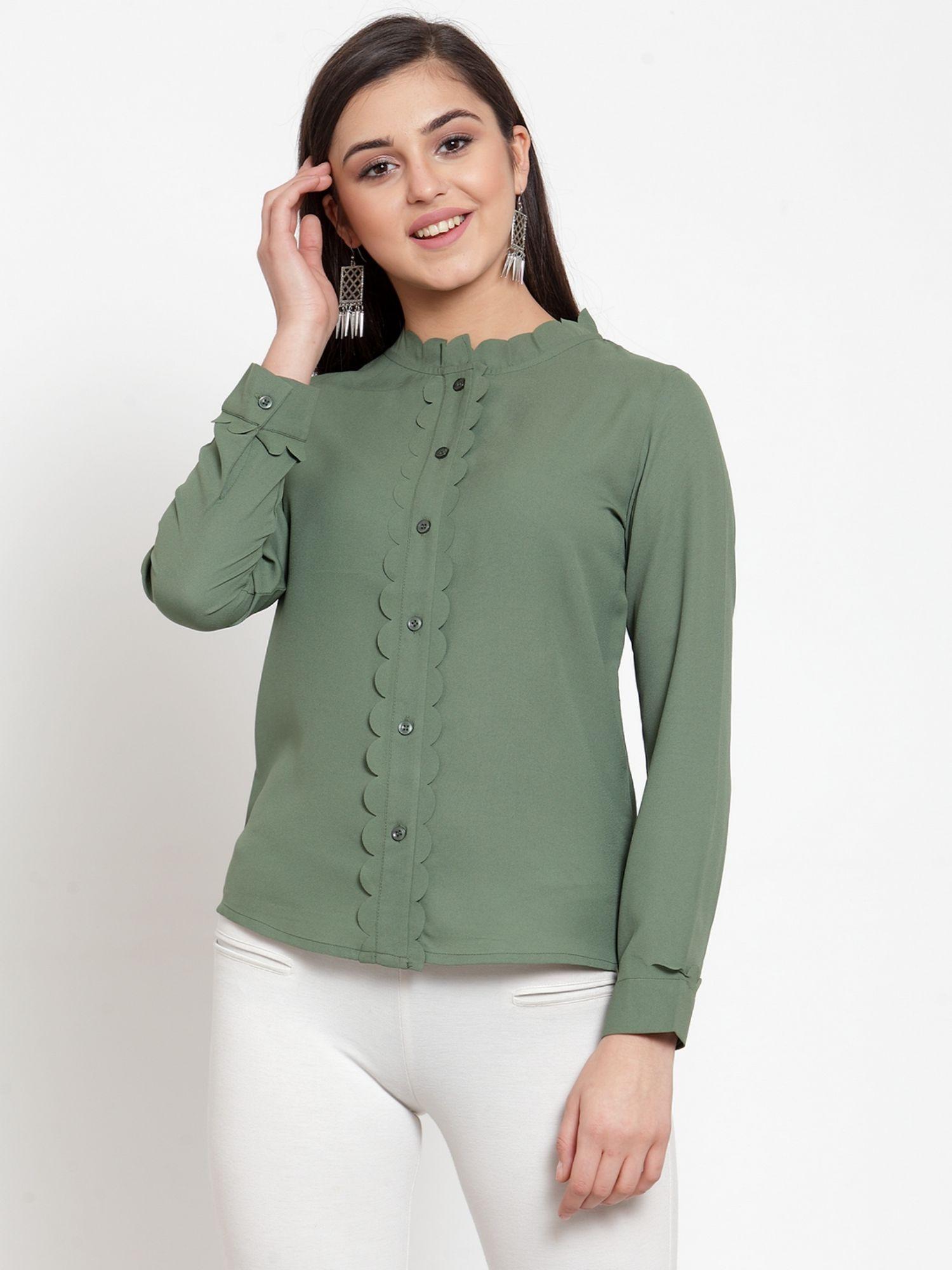 women olive green regular fit solid casual shirt