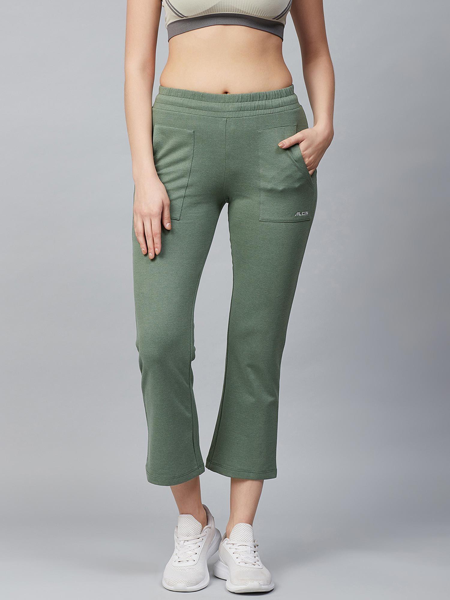 women olive green slim fit solid cropped track pants