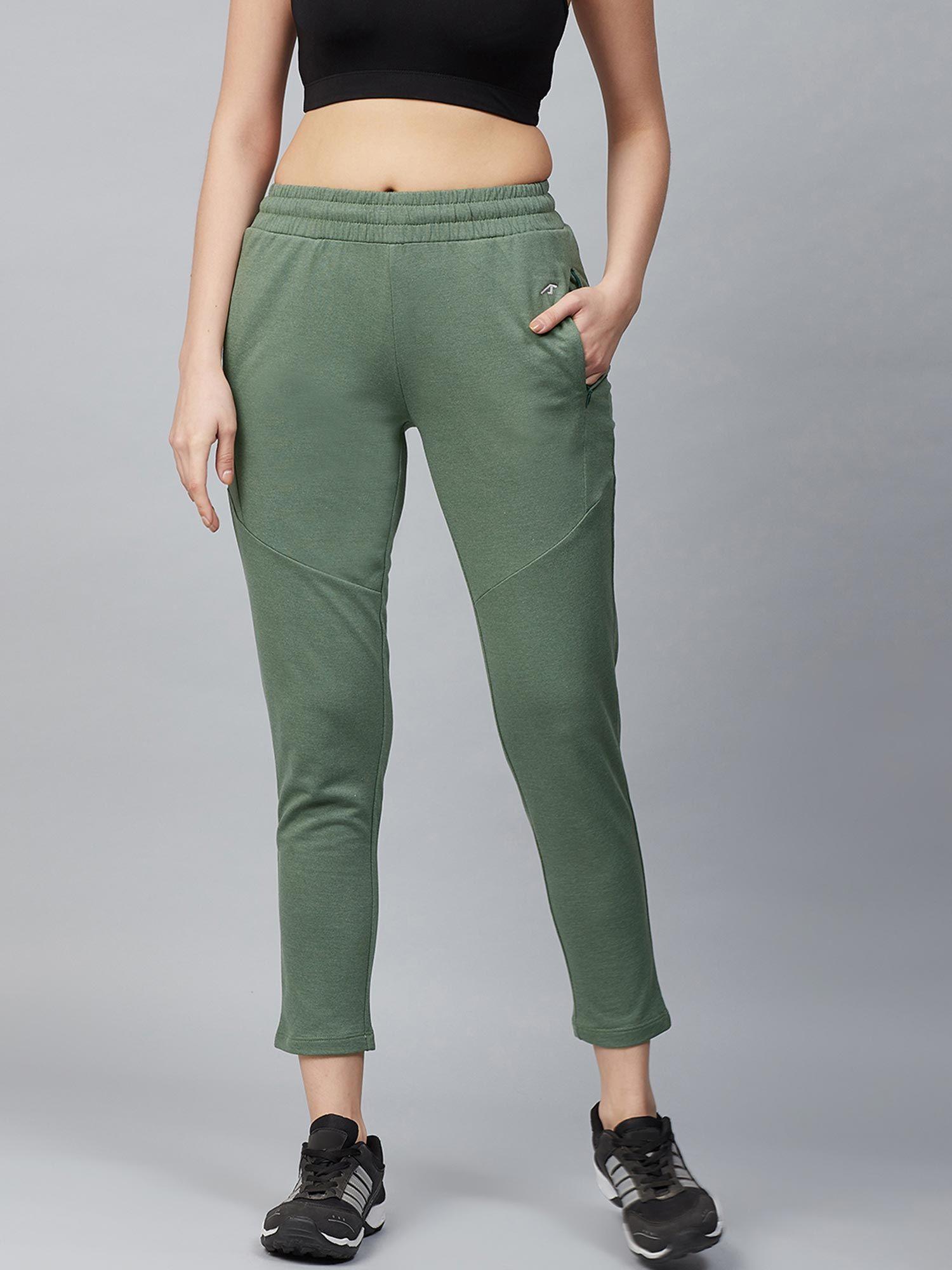 women olive green slim fit solid cropped track pants