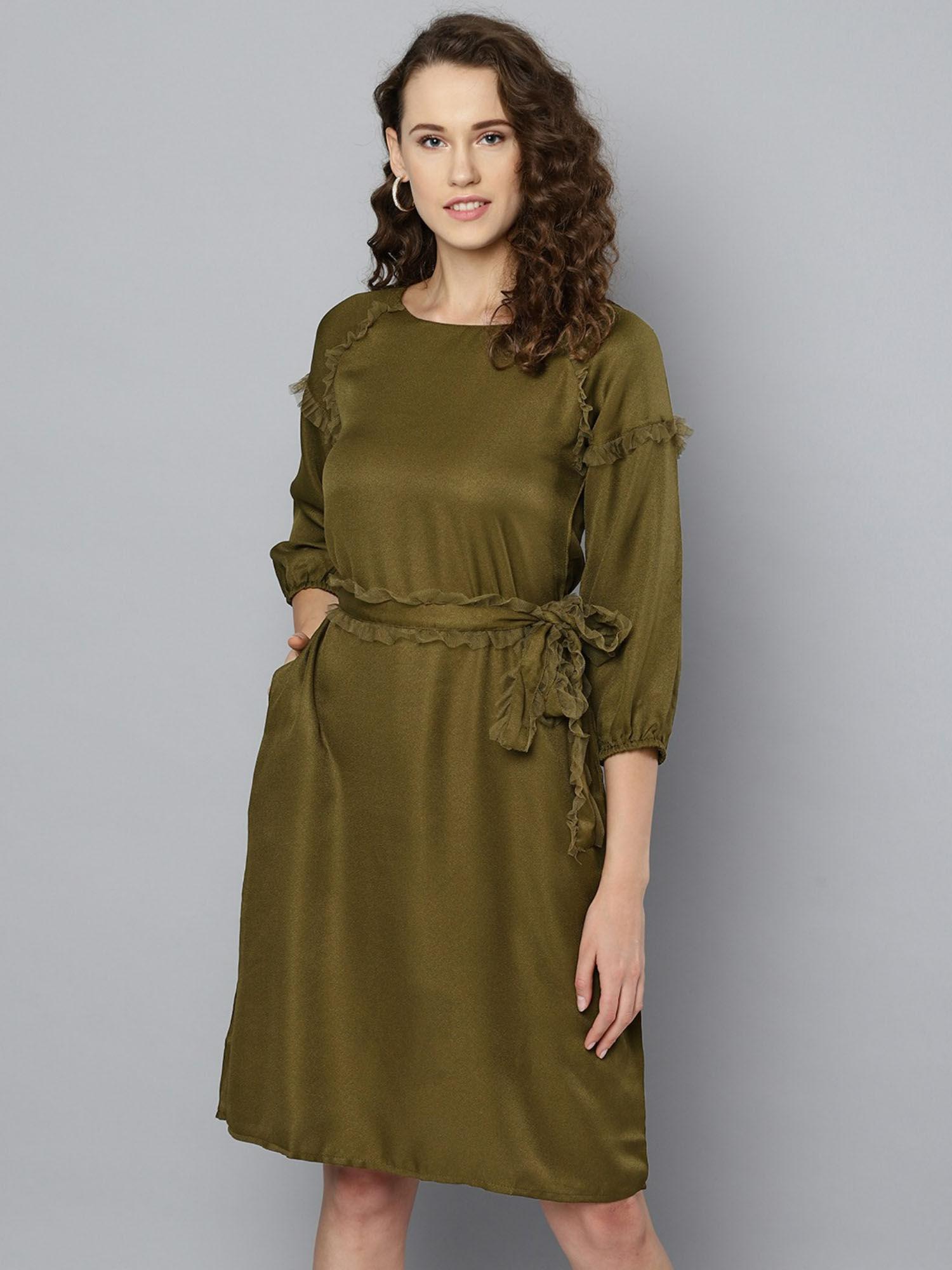 women olive green solid a-line dress