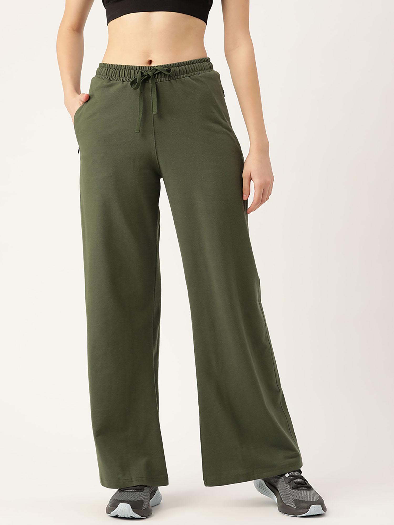 women olive green solid cotton wide leg track pants