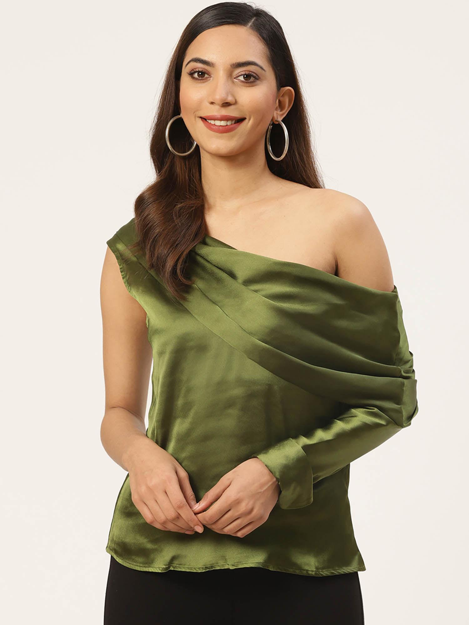 women olive green solid one-shoulder satin finish top