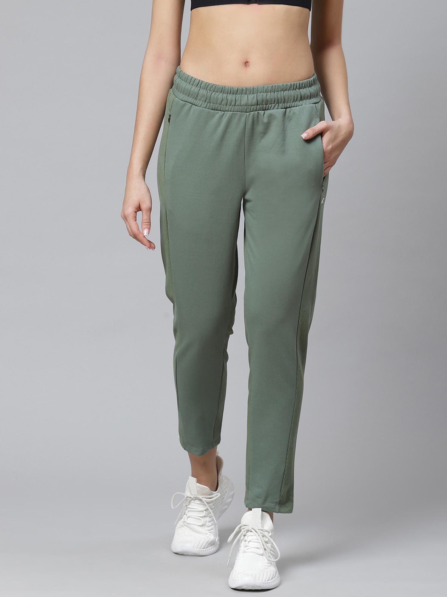 women olive green solid slim fit track pants