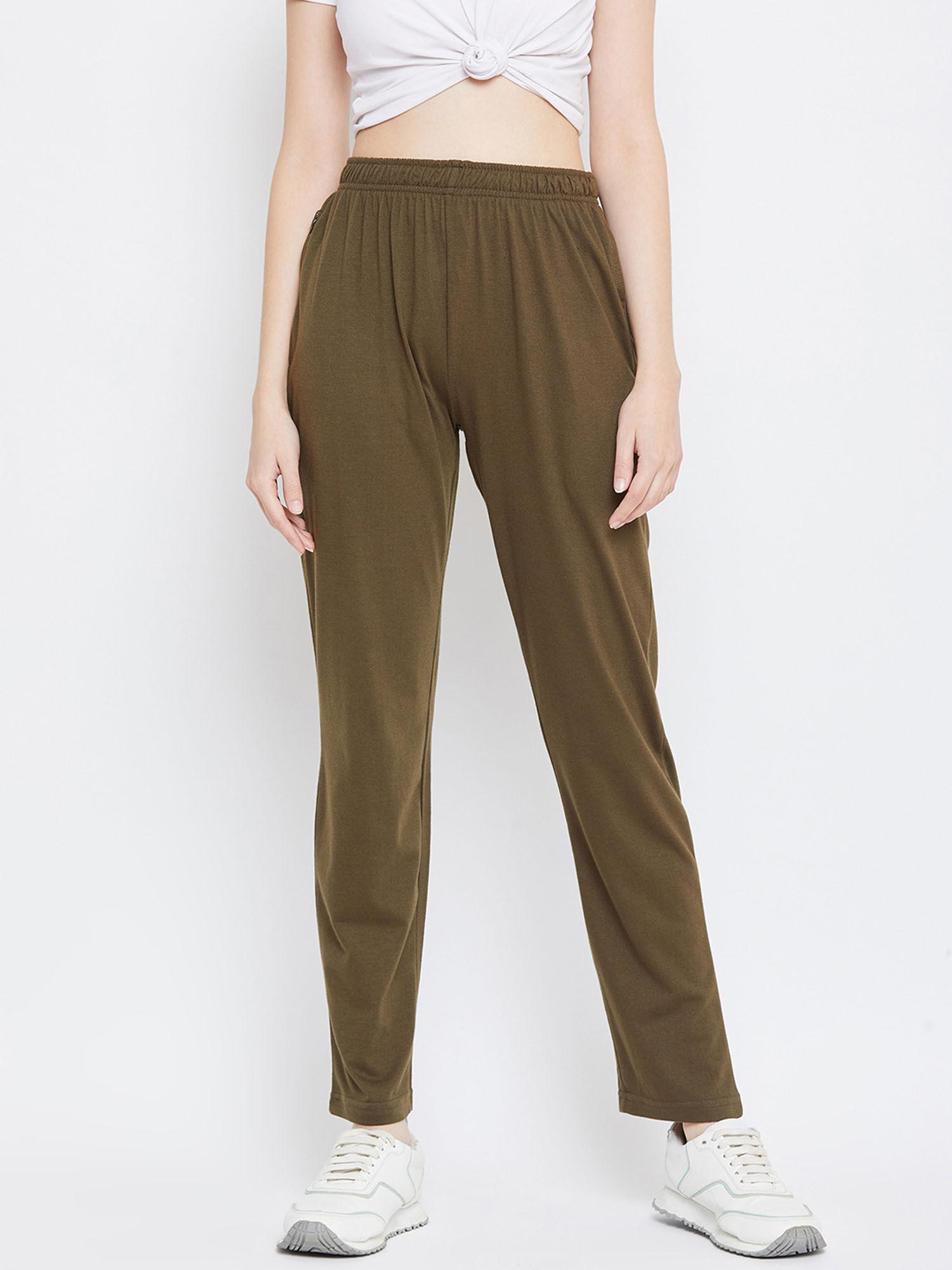 women olive-green solid track pants