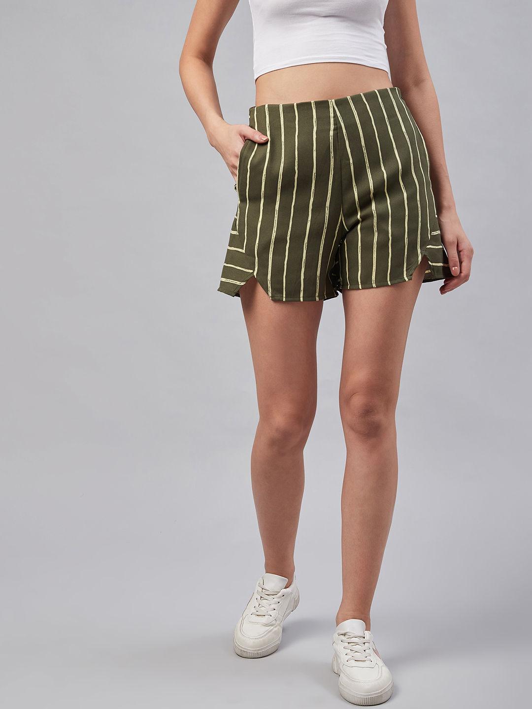 women olive green striped above knee mid-rise regular shorts