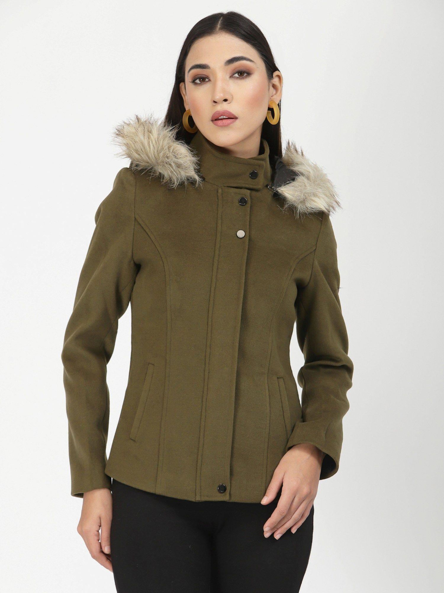 women olive hooded parka coat