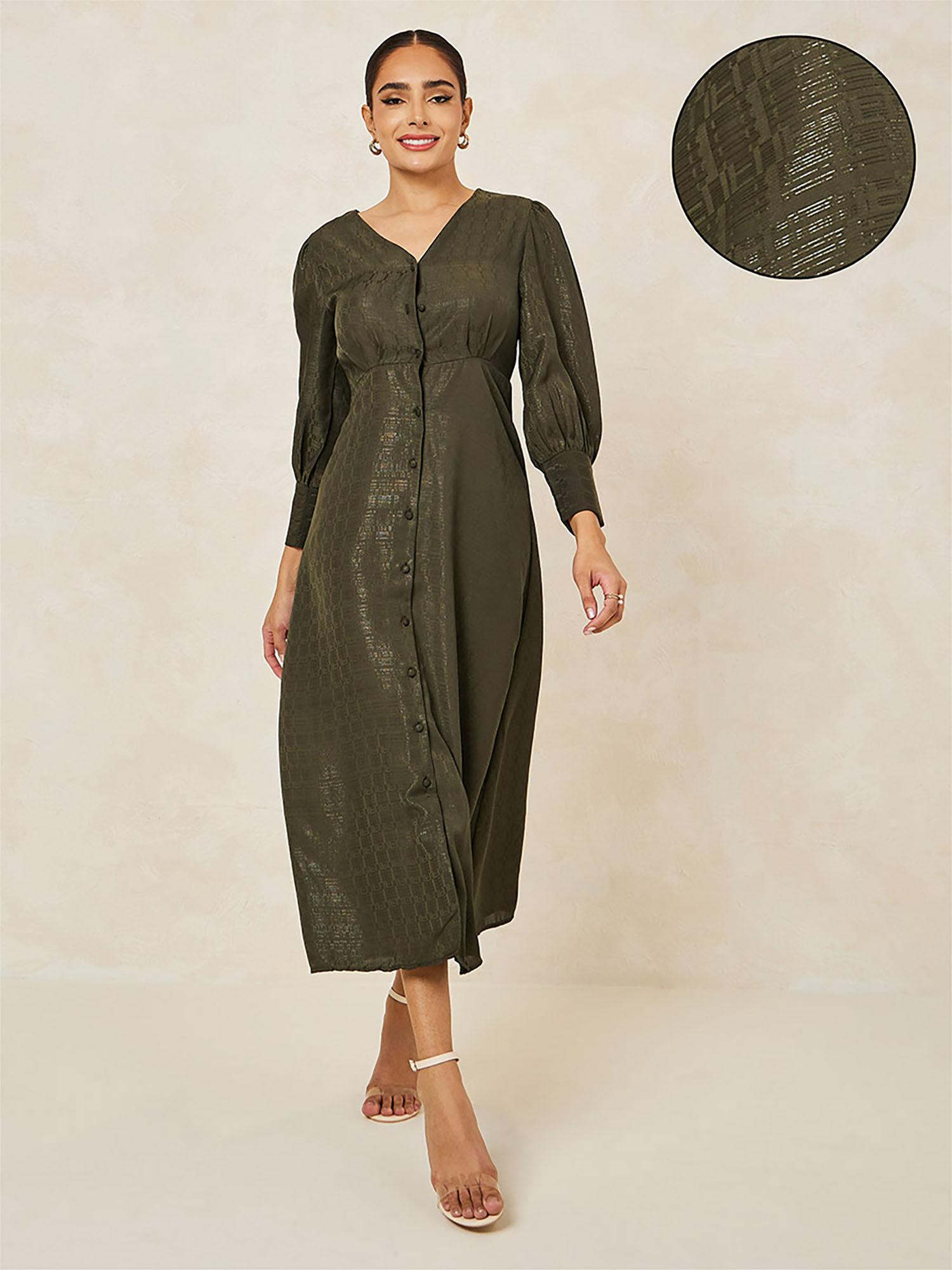 women olive jacquard v neck a-line maxi dress