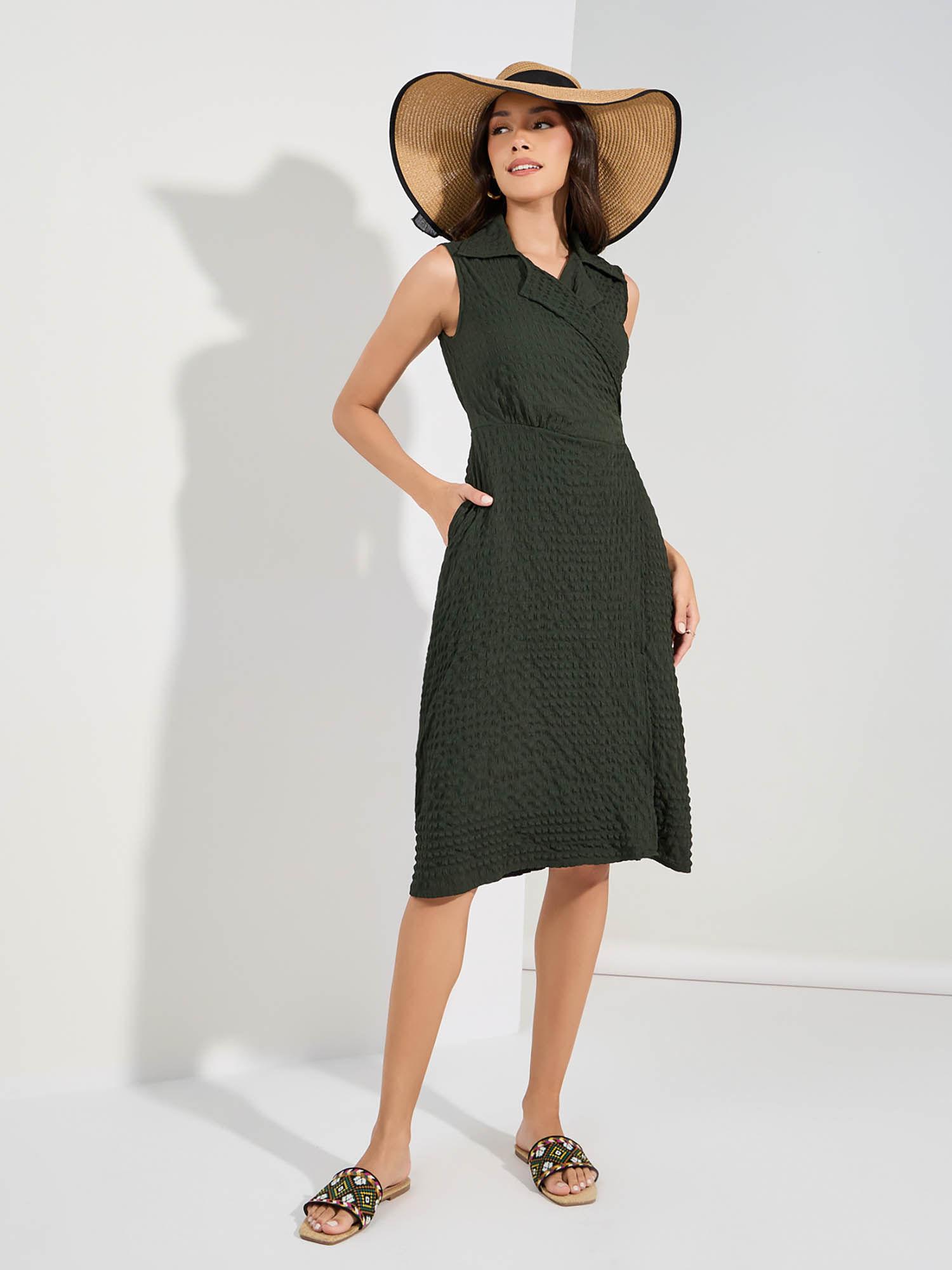 women olive lapel collar a-line wrap midi length dress