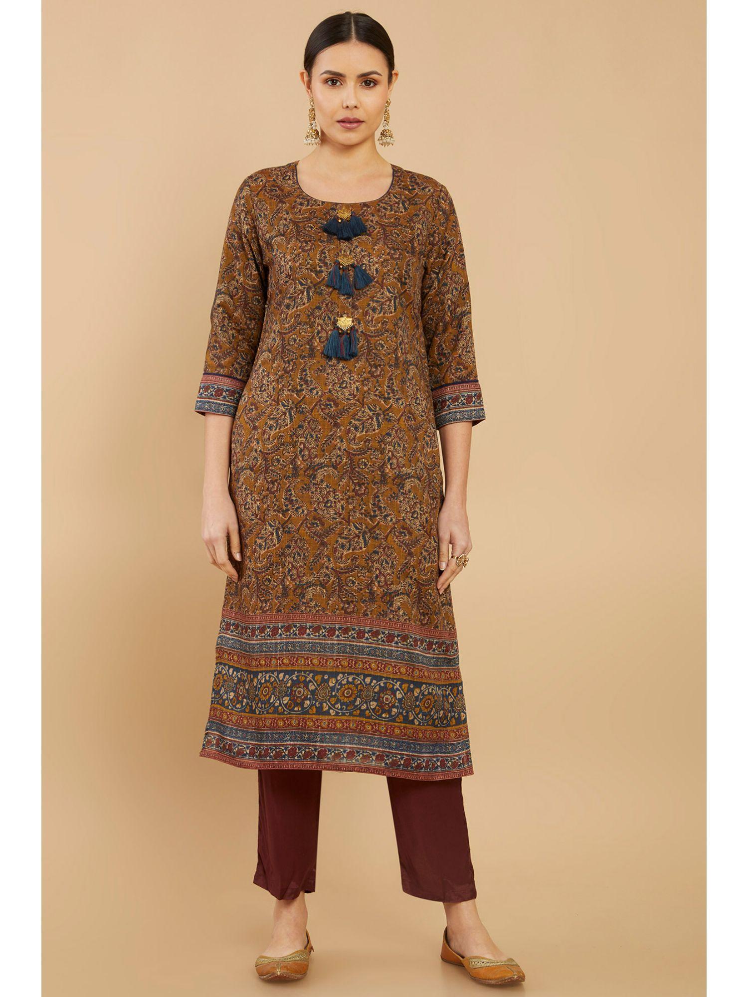 women olive linen floral kurta