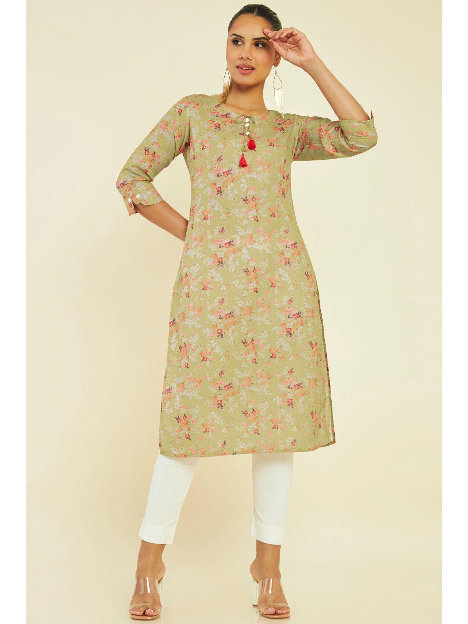 women olive linen printed kurta