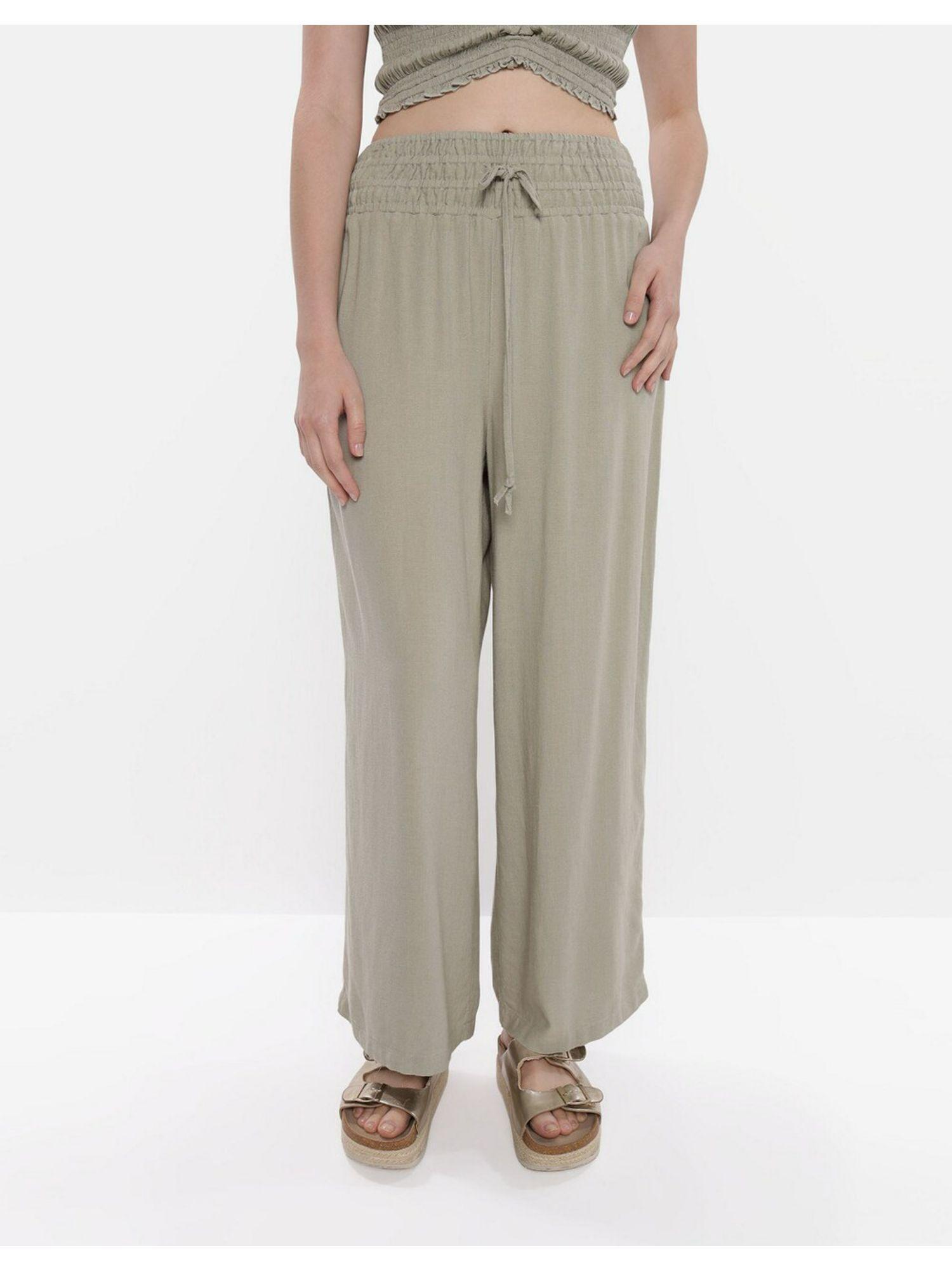 women olive linen wide leg pants