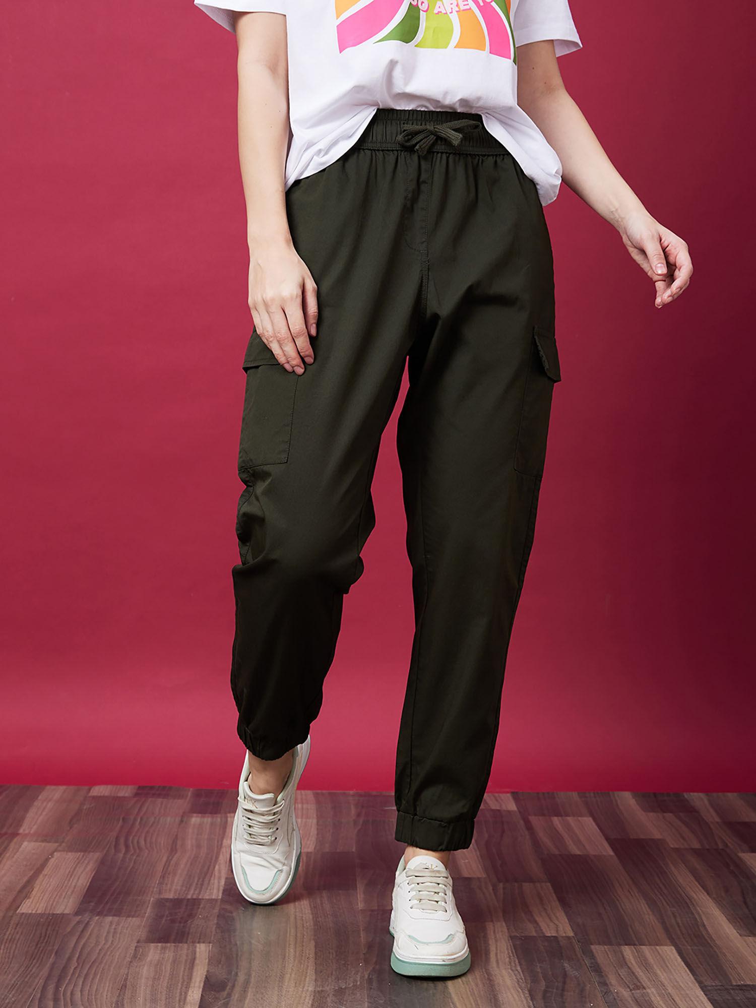 women olive mid-rise elasticated drawstring waist cargo joggers