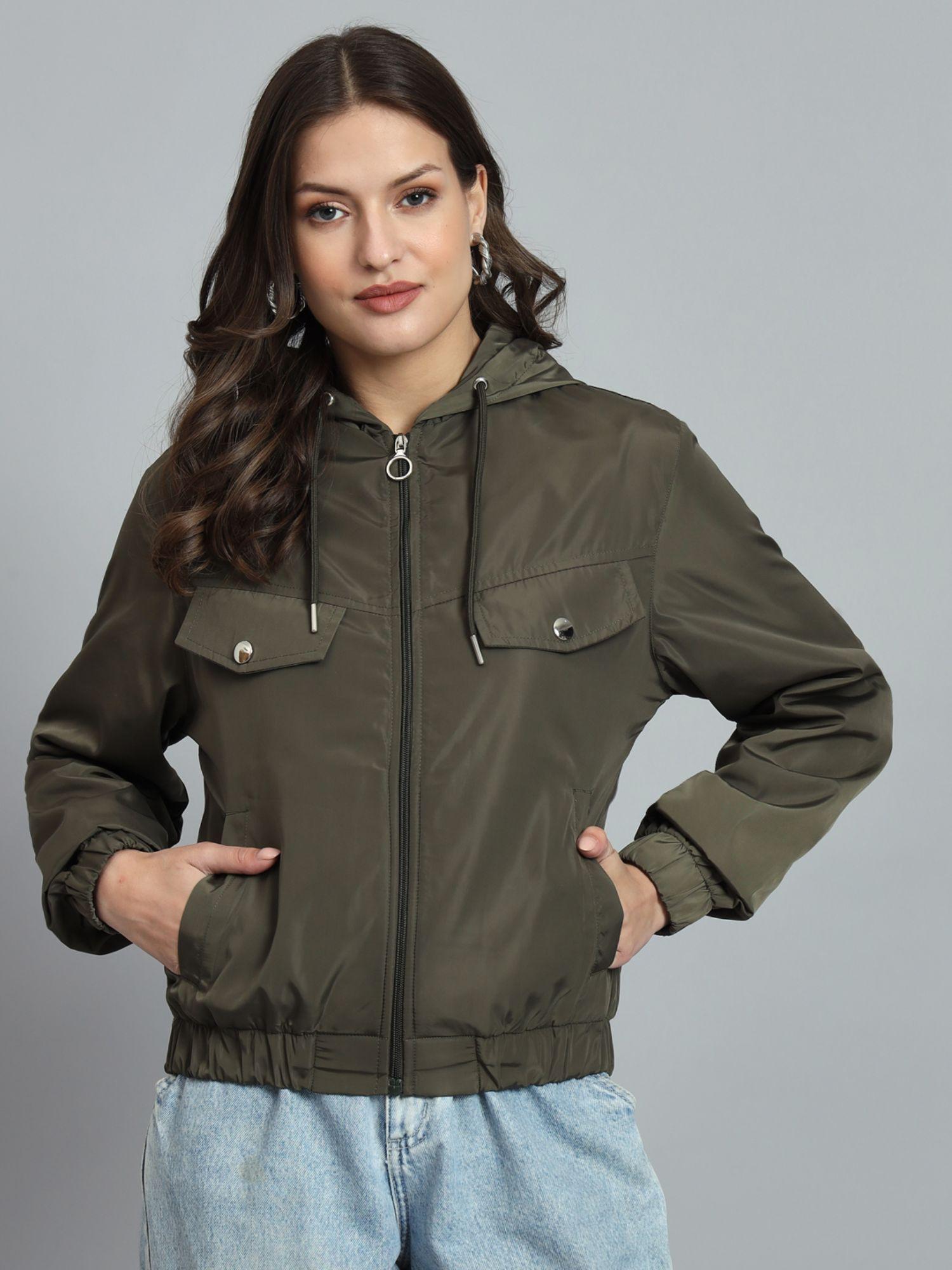 women olive polyester water resistant jacket