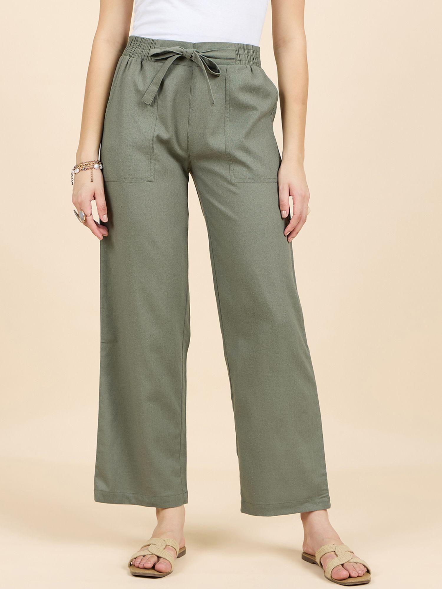 women olive regular fit cotton poly pants