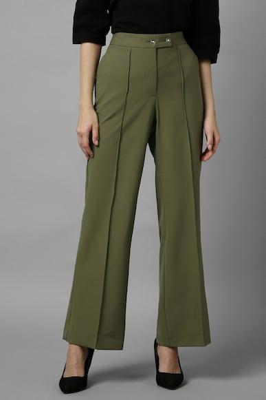 women olive regular fit solid casual trousers