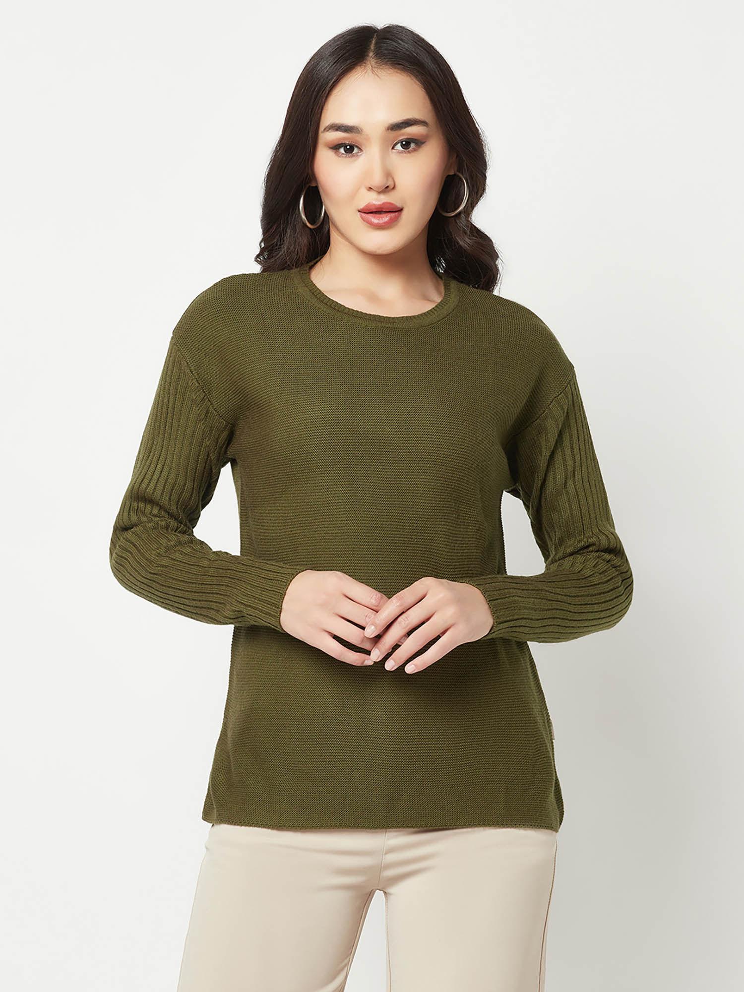 women olive round neck sweater