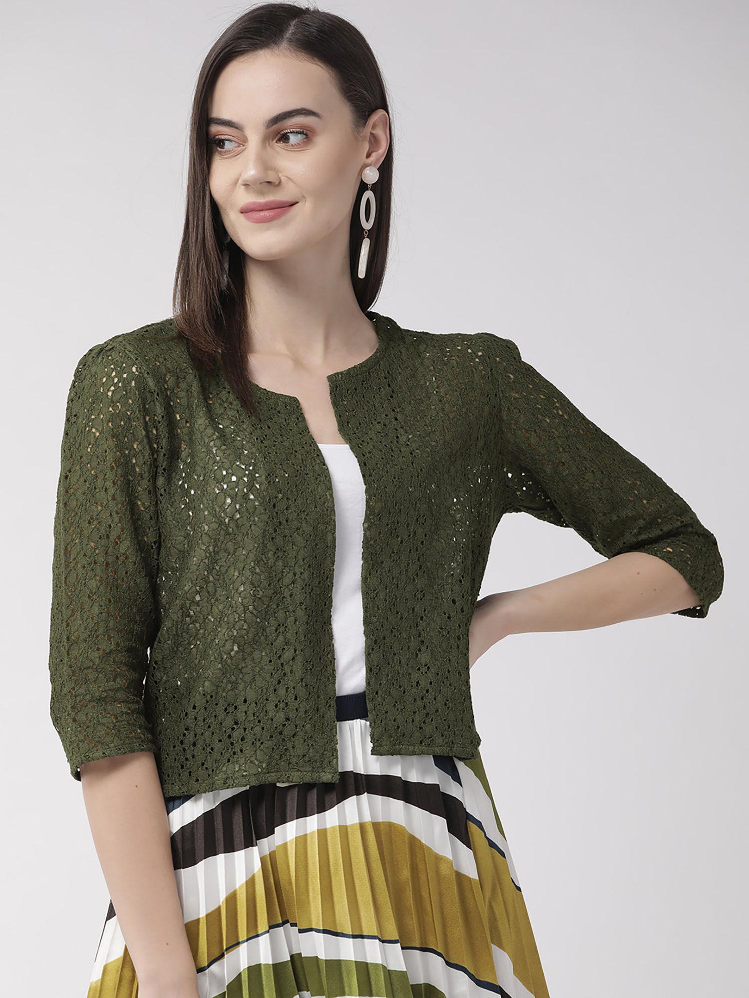 women olive self design floral lace regular open front shrug