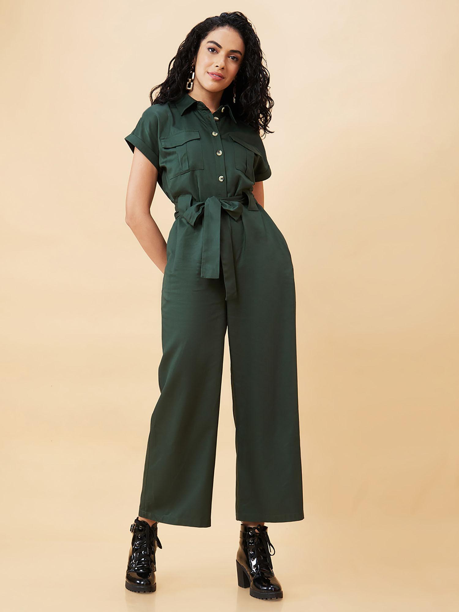 women olive shirt collar chest pocket waist tie up long jumpsuit