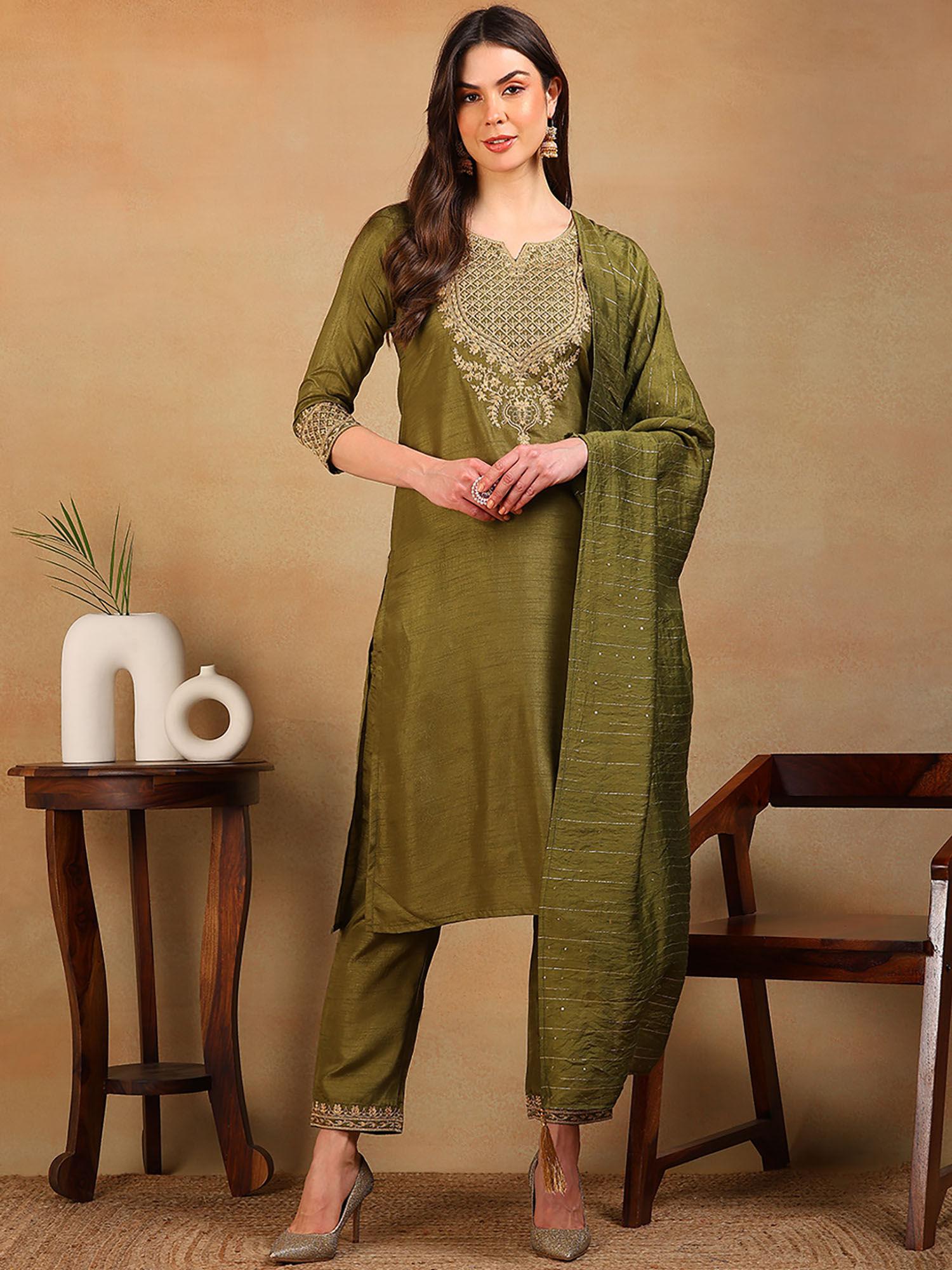 women olive silk blend embroidered straight kurta pants with dupatta (set of 3)