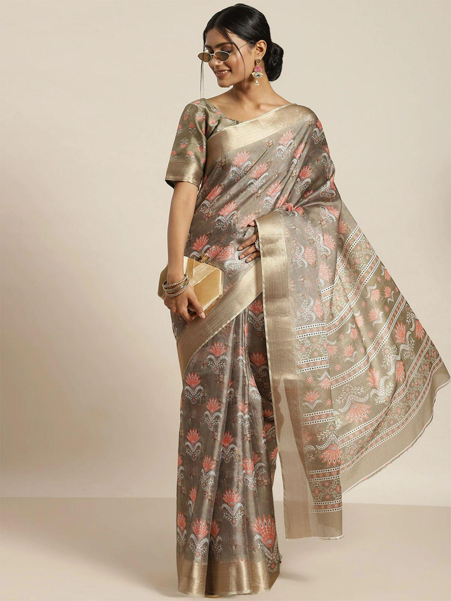 women olive silk blend printed saree with unstitched blouse