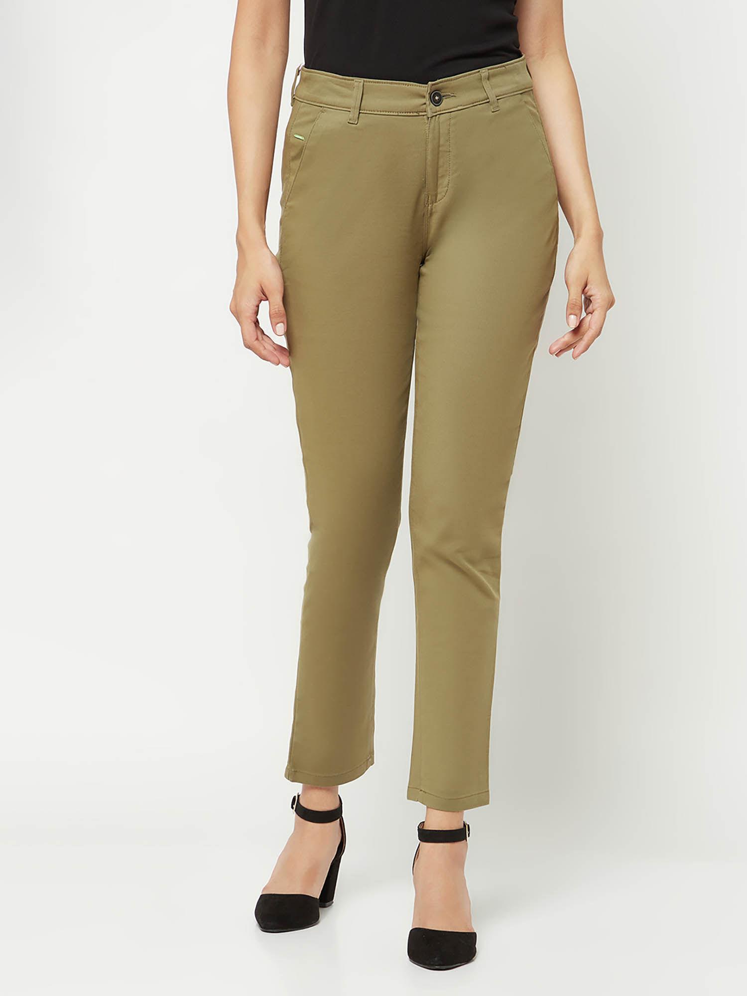 women olive slim cotton straight trousers