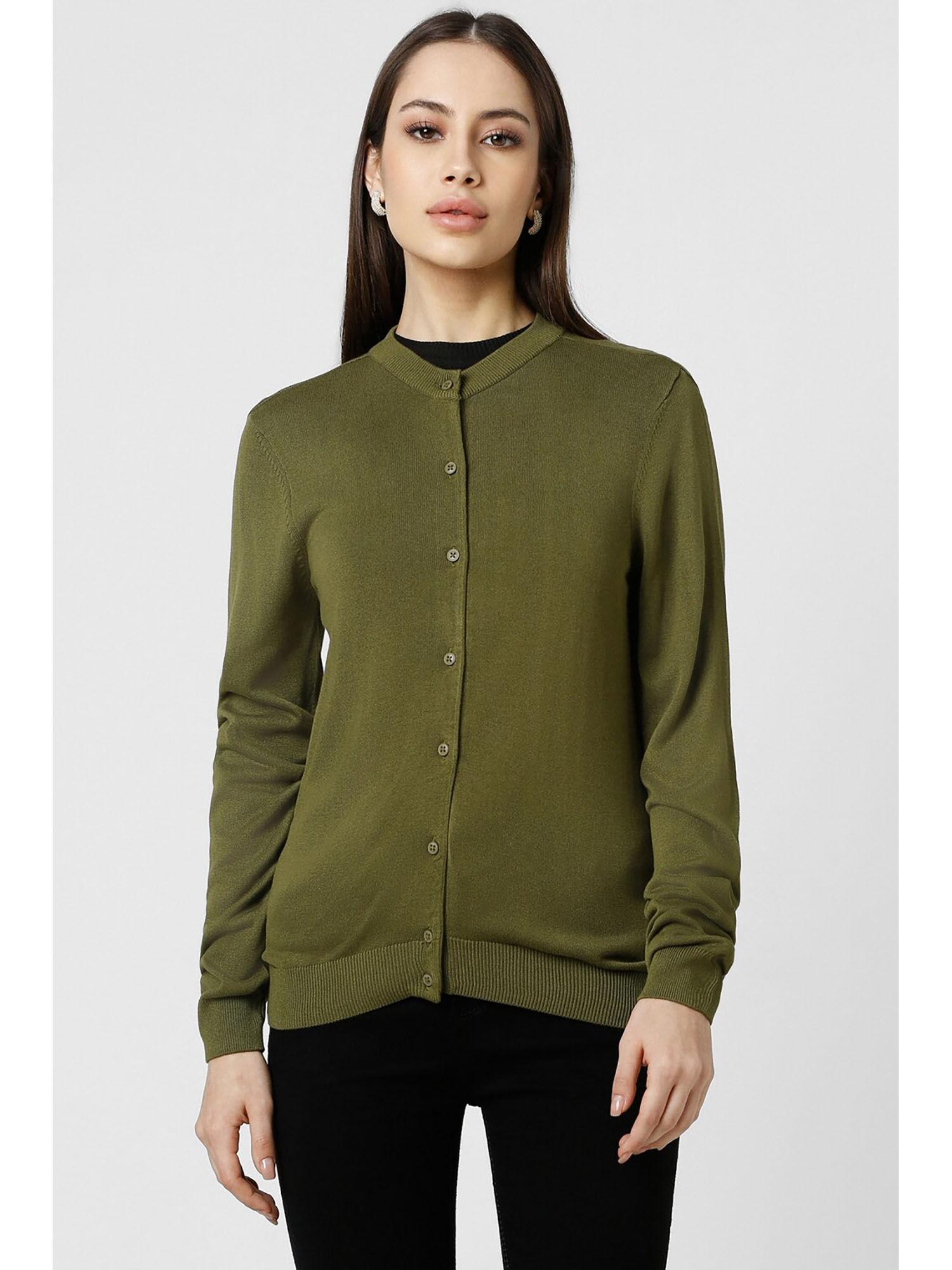 women olive solid casual mandarin neck cardigan