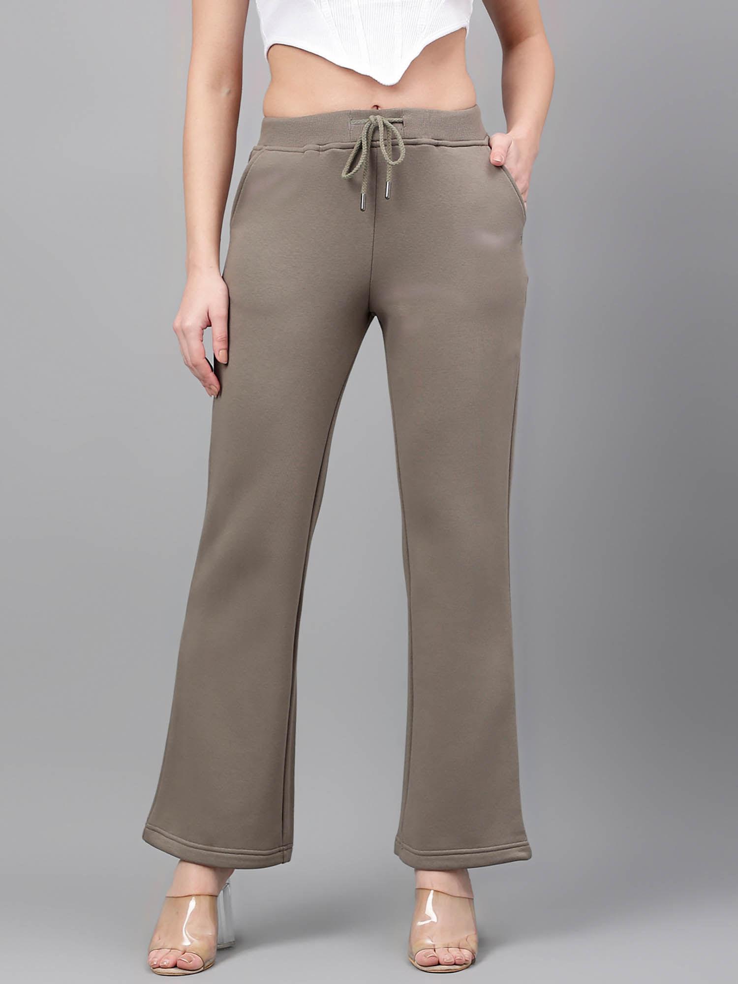 women olive solid fleecy wide leg trouser