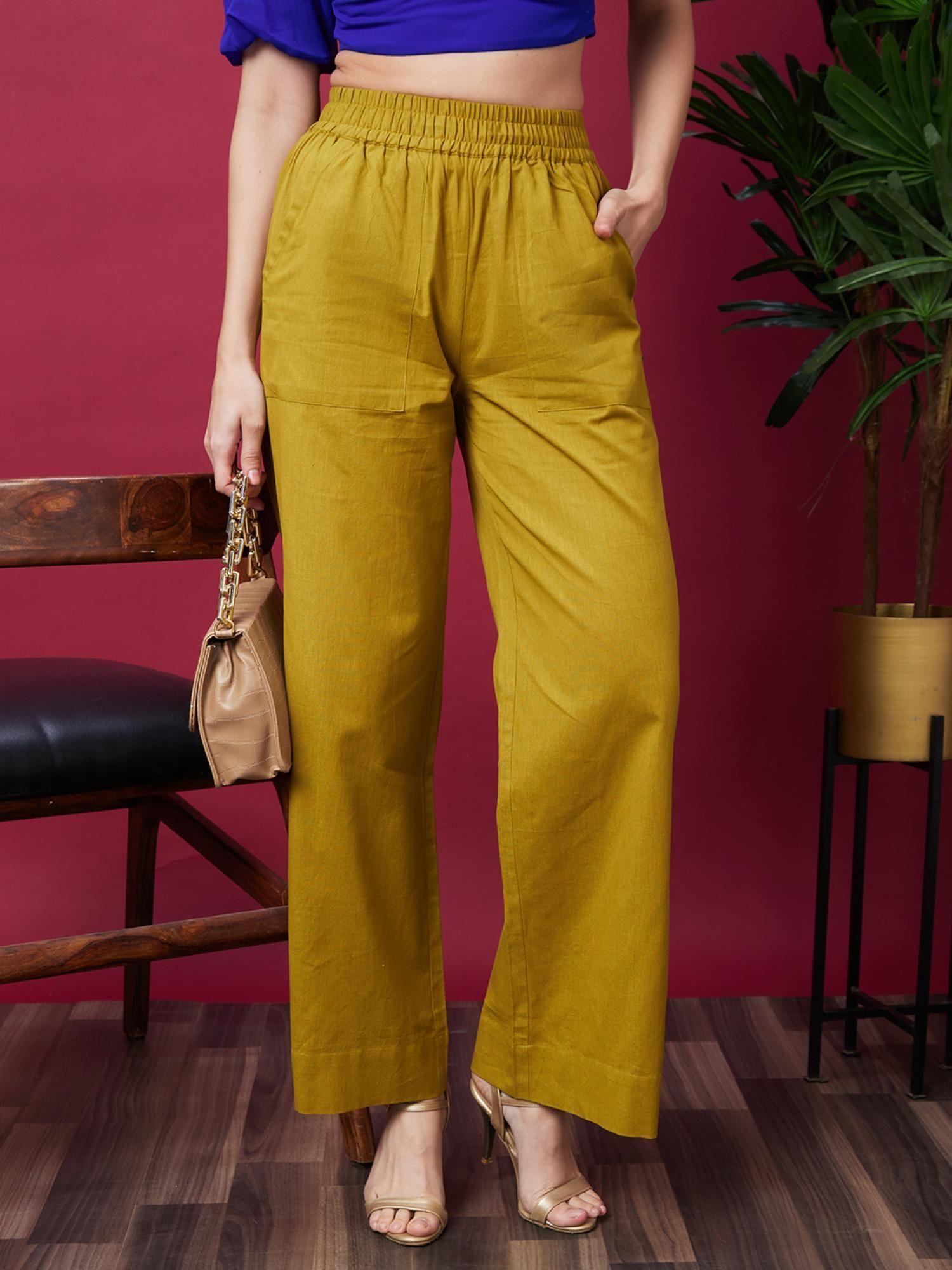 women olive solid high waist casual parallel trouser