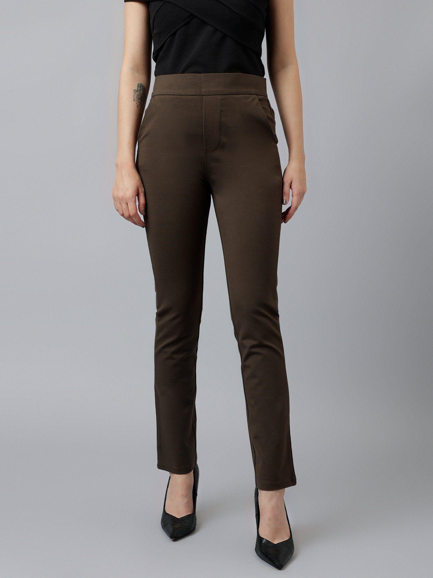 women olive solid slim fit high rise trouser