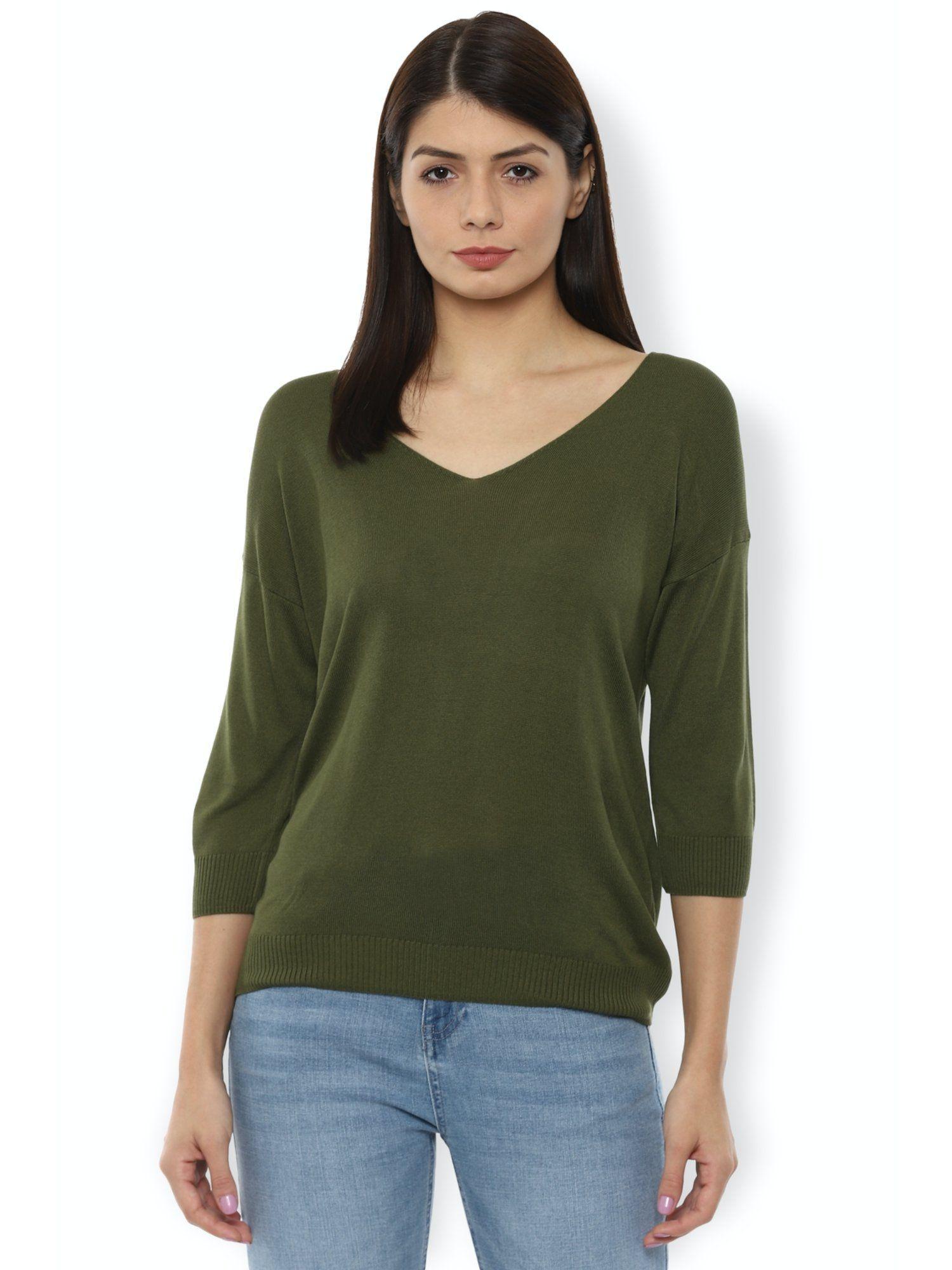 women olive solid v-neck sweater