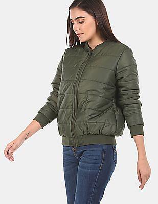 women olive stand collar quilted puffer jacket