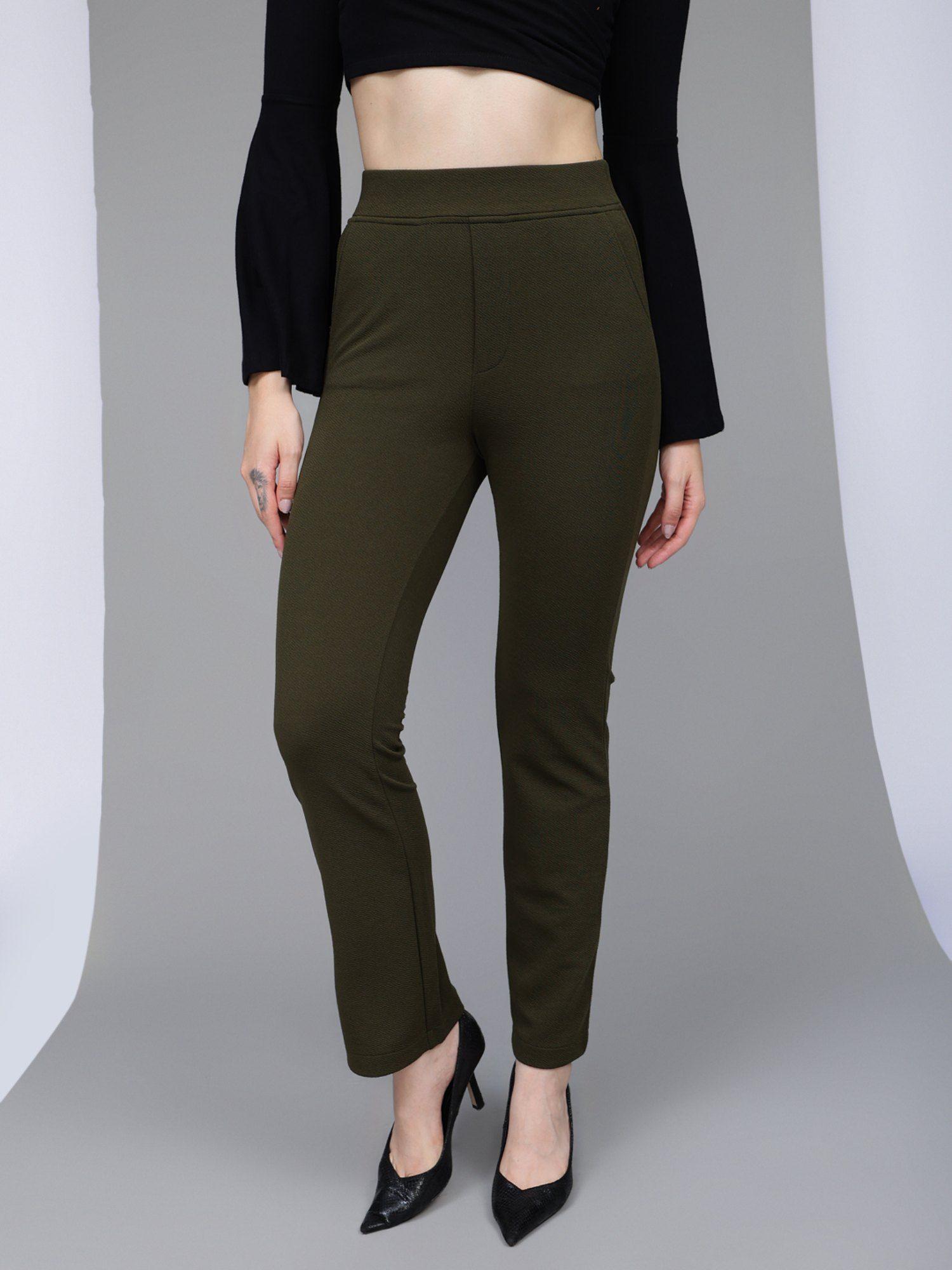 women olive straight fit high-rise textured trousers