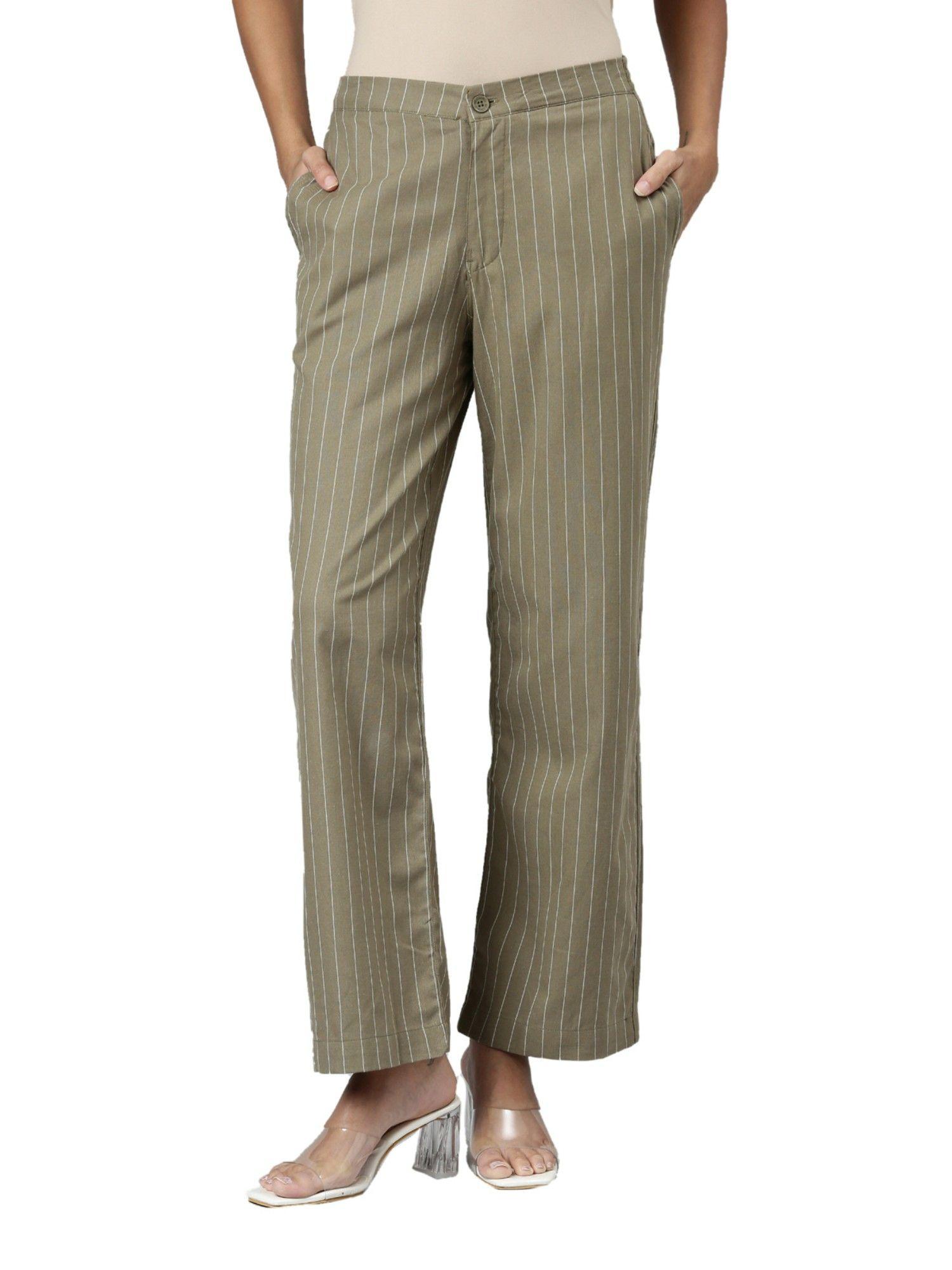 women olive stripes cotton wide pants