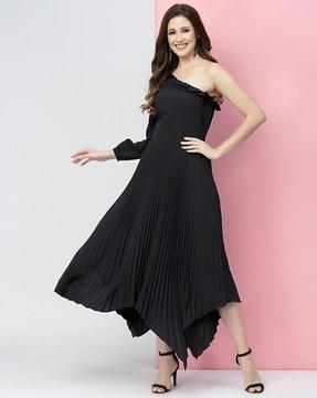 women one-shoulder fit & flare dress with ruffled detail