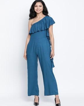 women one-shoulder jumpsuit with ruffled accent