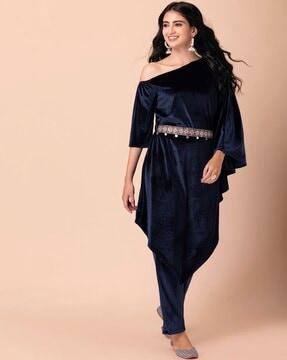 women one-shoulder kaftan top with pants & blet