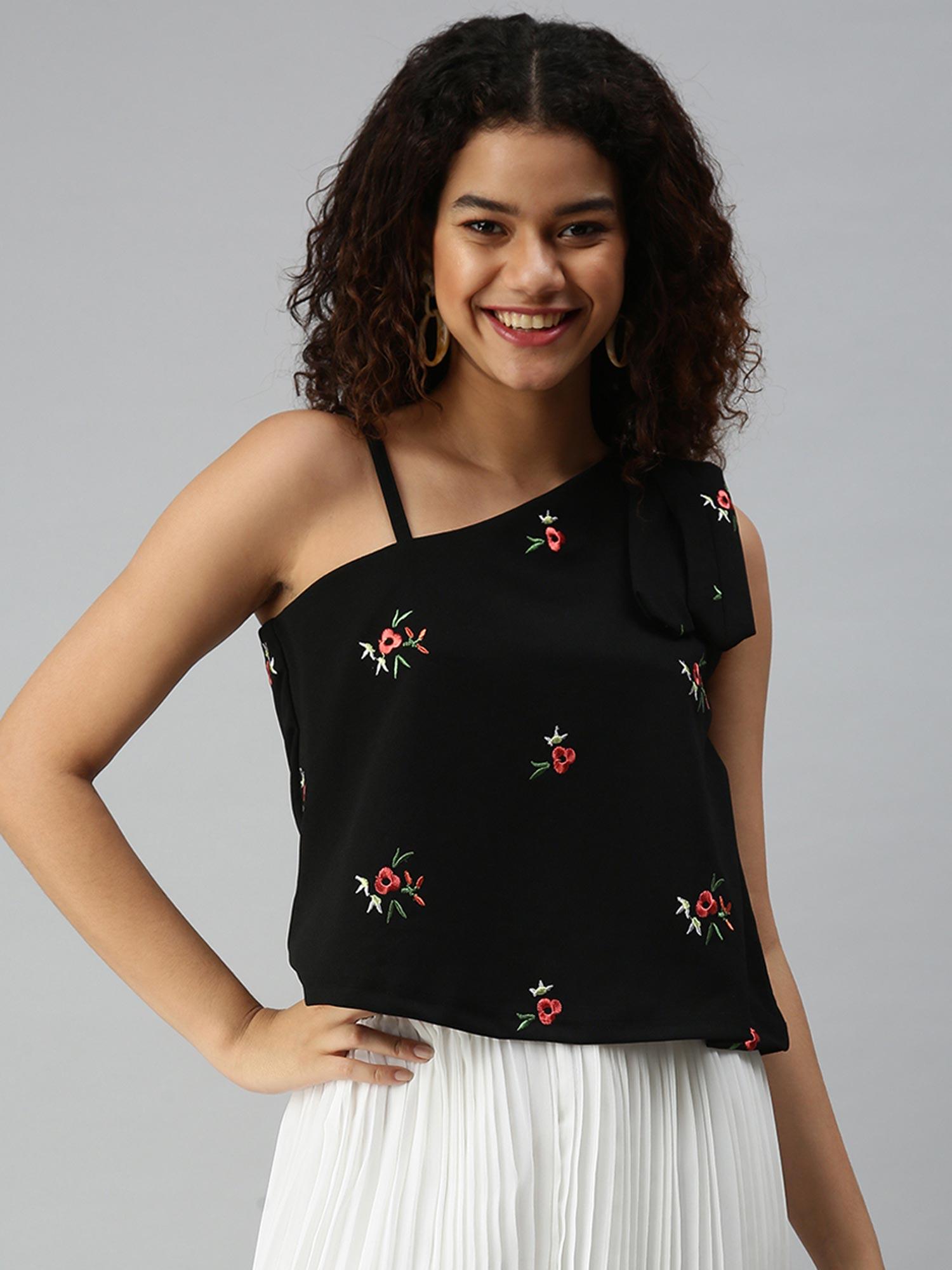 women one shoulder sleeveless floral black top