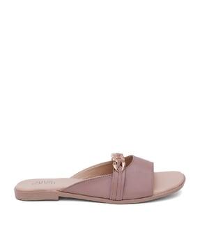 women open-toe slip-on flat sandals with metal accent