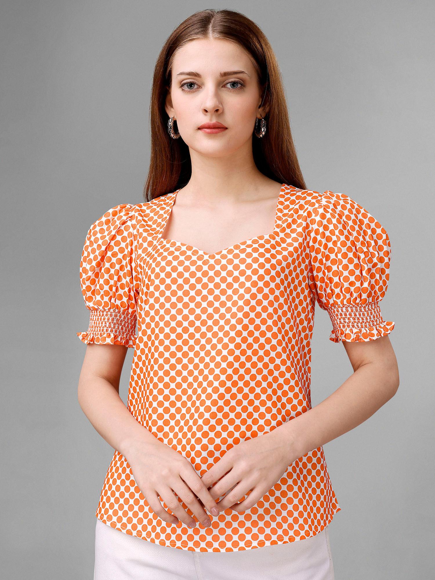 women orange & order polka printed short cotton top