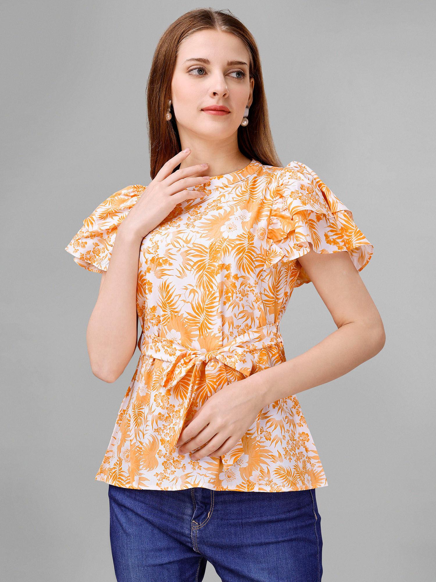 women orange & order printed stand collar neck top (set of 2)