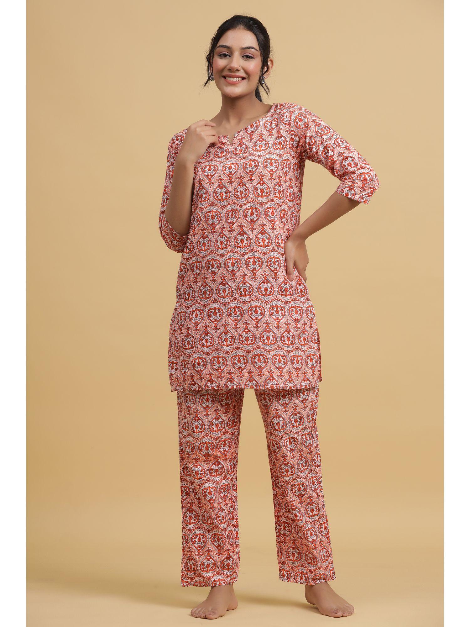 women orange & white pure cotton printed night suit (set of 2)