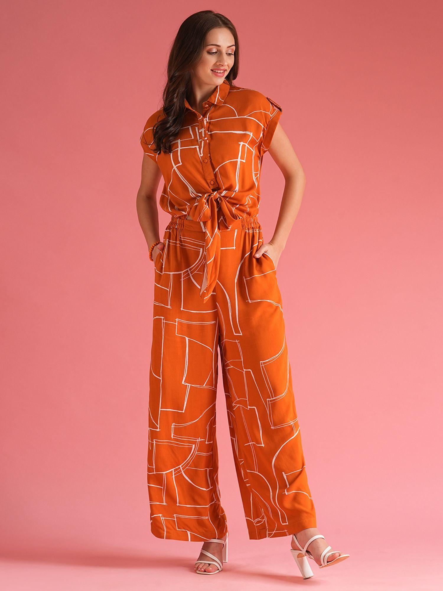 women orange abstract print waist tie-ups jumpsuit