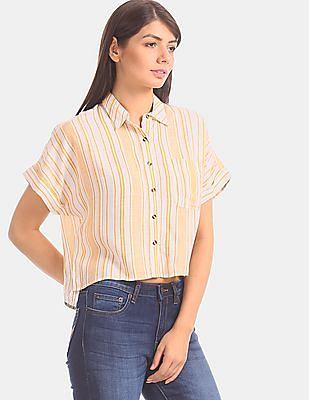 women orange and white  short sleeve vertical stripe shirt