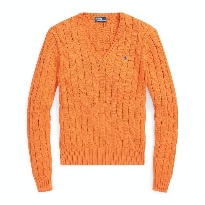 women orange cable-knit cotton v-neck sweater