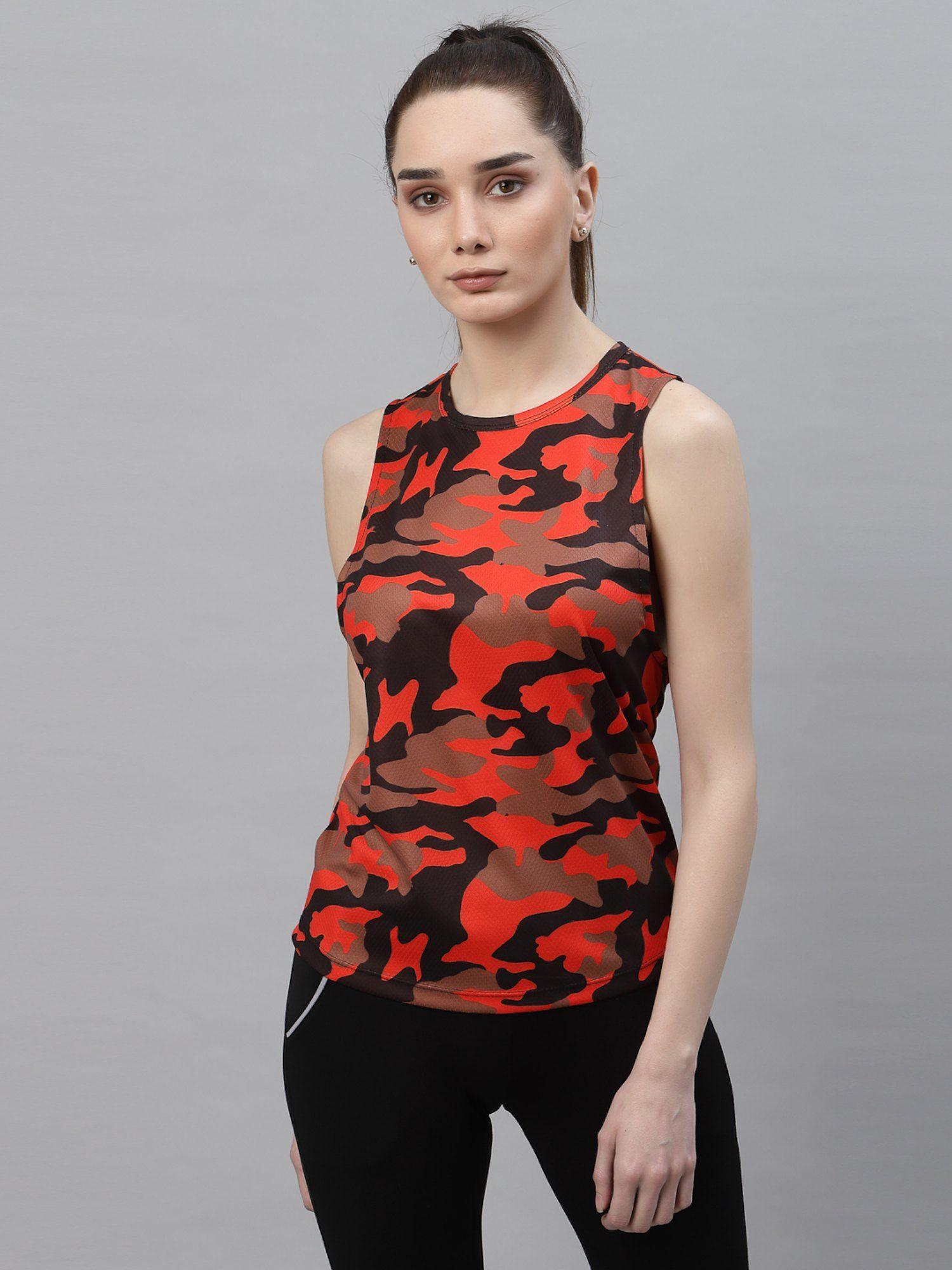 women orange camouflage sleeveless activewear t-shirt