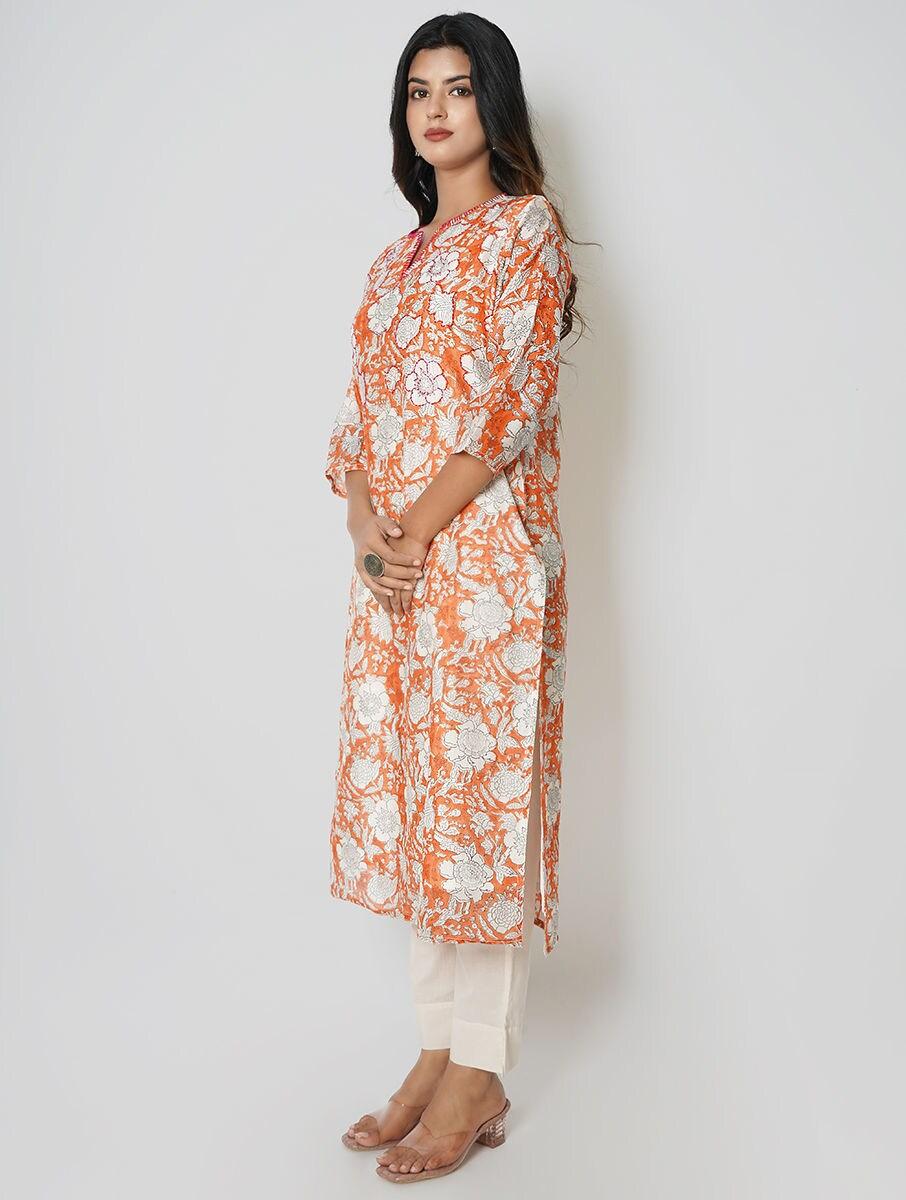 women orange chanderi silk printed round neck straight kurta with pants