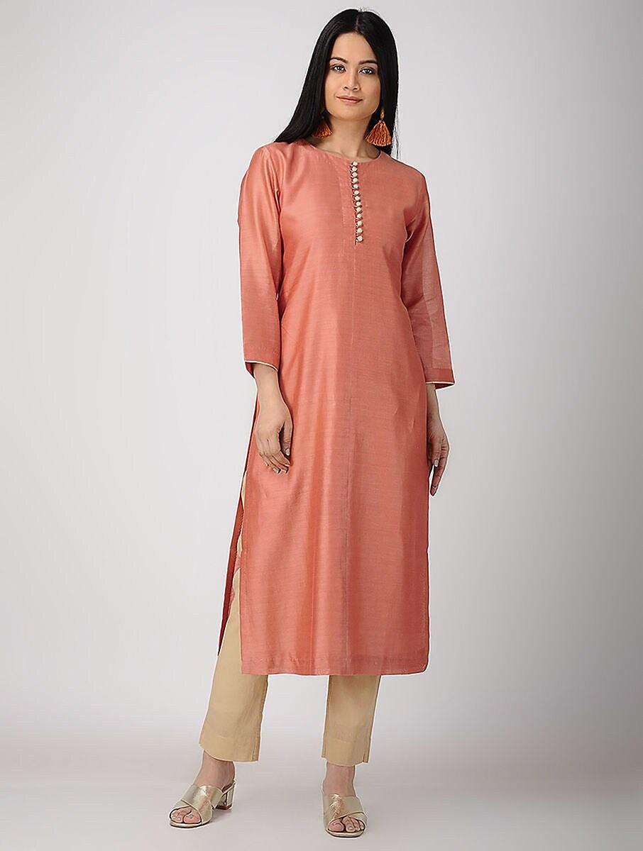 women orange chanderi silk solid round neck straight fit kurta