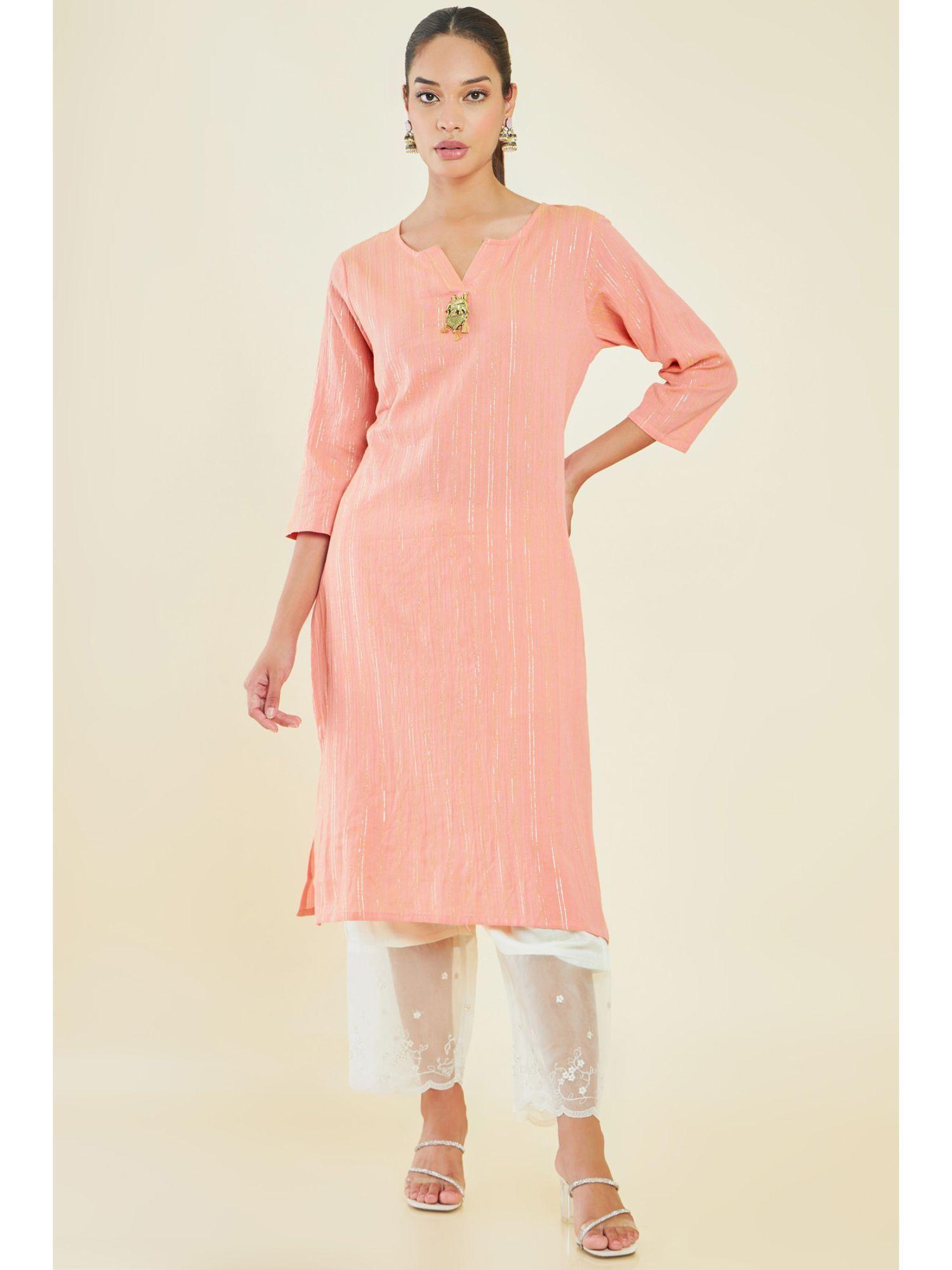 women orange cotton stripes kurta